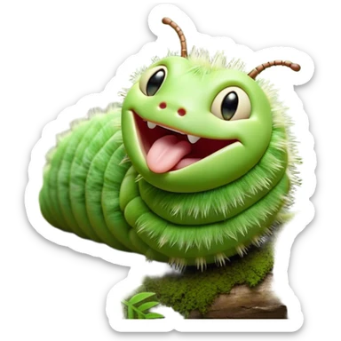 Cinematic Realistic Cute Yawning Caterpillar Portrait Emoji, Head tilted slightly with a dramatic, wide-open yawn, showcasing a soft, downy segmented body in vivid green with subtle drooping and half-closed, drowsy eyes, rendered with intricate natural texture and gentle shadows, high shine, relaxed yet expressive, styled with a dash of woodland charm, soft glowing outline, capturing the essence of a sleepy yet affectionate caterpillar that appears ready to stretch out and rest among the leaves! sticker