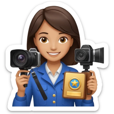 A brunette girl smiling, she’s a proud and successful filmmaker 🍿🌍✨ she’s next to a camera, / holding awards  sticker