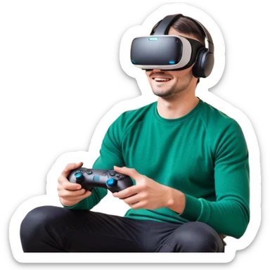 Homme noir, week-end détente, avec casque VR et manette PS 2025, assis dans un salon cosy décor Noël. Père Noël à côté, sourire amical, sapin illuminé, guirlandes et cadeaux au sol. Style réaliste, lumineux, ambiance festive & gaming. sticker