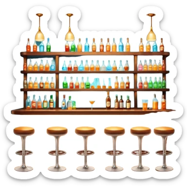 A 3D cartoon bar interior with bottles on glass shelves, counter lighting, high stools, and glowing drink glasses, warm ambient light, realistic Memoji-style. sticker