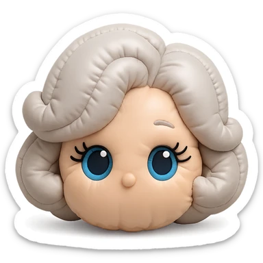Add cute, plush-style eyelashes to the eyes, keep pure silver grey hair, blue eyes, 1940s bob hairstyle, no body, no mouth, no white border, transparent background in cushion style. sticker