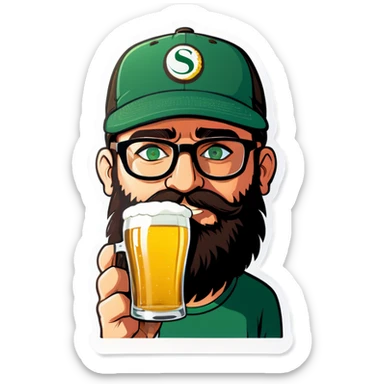 A man with a grey baseball cap, green eyes, big dark brown beard and glasses, drinking beer sticker