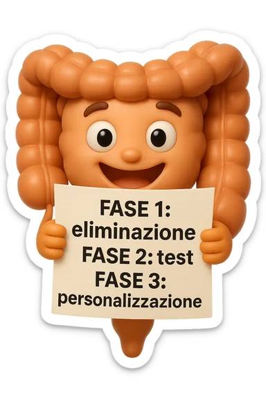 emoji stile iphone 3d di un intestino che tiene in mano un foglio con la scritta "FASE 1: eliminazione, FASE 2: test, FASE 3: personalizzazione, IPERREALISTICO 4K sticker