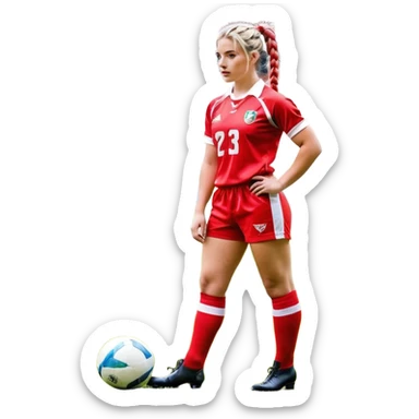 Chica de pelo rubio tirada en el suelo boca abajo agarrando un balón DE RUGBY con las manos vestida con una equipación de color rojo y blanco con líneas, manchada de barro y con unas botas de tacos de fútbol, con un bucal en la boca y el pelo con trenzas, se la tienen que ver las 2 piernas  sticker