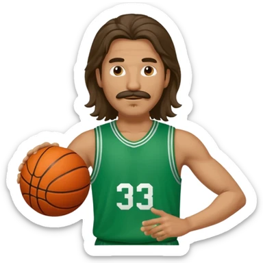 long haired man basketball player green jersey with mustache holding basket ball sticker