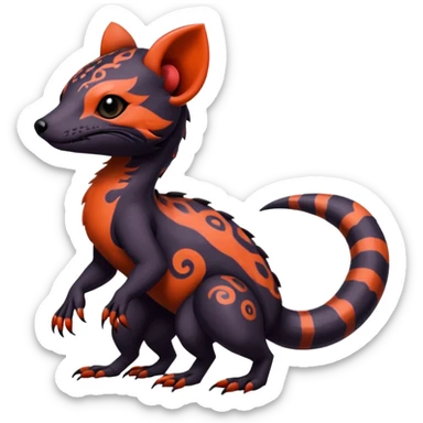 Rare warm-colored exotic gloomy tropical edgy cute epic aesthetic spooky  gothic colorful Salandit-Noibat-Civet-species-Fakemon-hybrid-creature, with tribal tattoo markings, full body sticker