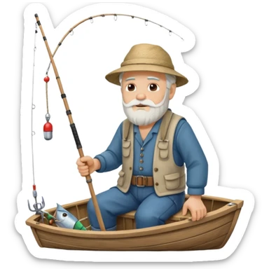 an old white haired, bearded man in fisherman attire, sat in a big boat on a calm sea, holding one fishing rod in one hand, with the end of the fishing line touching the water sticker