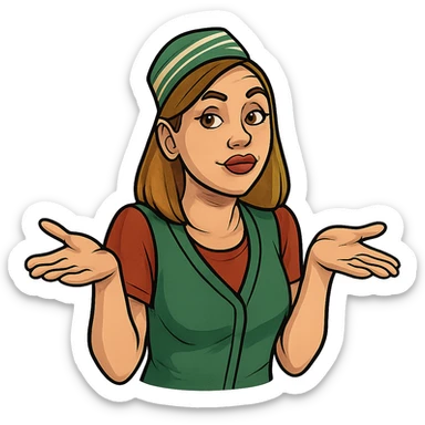 В позе этого мема сгенерируй типичную молодую российскую продавшицу в продуктовом магазине c слегка увеличенным губами, накрашенными глазами, которая недоуменно но при этом хитровато разводит руками, слегка рисованный, но при этом объемный стиль, прозрачный фон sticker