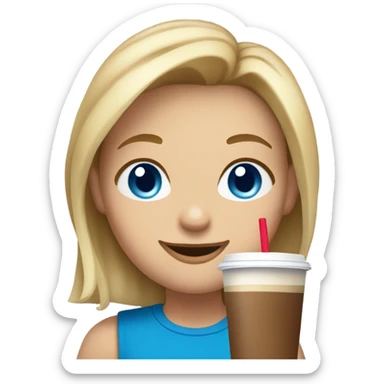 Shoulder length Blonde/light brown hair blue eyes cartoon character drinking iced coffee sticker