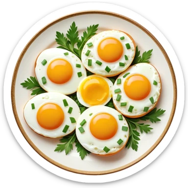 Cinematic sunny-side-up eggs, perfectly cooked with glossy yolks, crispy golden edges, sprinkled with fresh herbs, served on a rustic plate, bright and inviting, highly detailed and appetizing. sticker