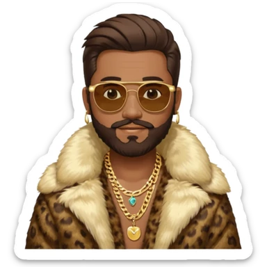 émoji homme barbu, cheveux bruns plaqués collés au crane avec raie au milieu, grosses lunettes de soleil rectangulaires à grosse branches, gros bijoux en or (chaine, montre,) manteau de fourrure très fluffy sur les épaules sourire en coin, boucles d'oreilles sticker