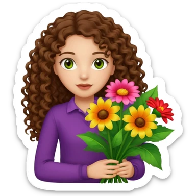 light skinned brunette long curly haired girl with green/hazel eyes holding big bright bunch of flowers. White background. sticker