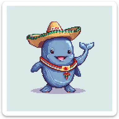 A happy whale wearing a large Mexican sombrero hat, playful character sticker