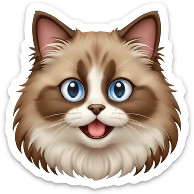 cinematic-adorable-big-eyed-fluffy-brown ragdoll-cat-portrait-emoji,-head-tilted-playfully-with-a-cute,-yawn,-white and brwon fur,-simplified-yet-irresistibly-cute-features, blue eyes sticker