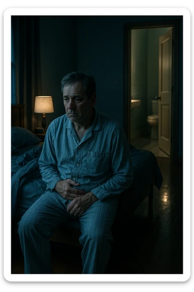 A nighttime scene inside a dimly lit bedroom. A man in his 50s sits stanco sul bordo del letto, con lo sguardo perso nel vuoto, mentre una luce fioca proviene dalla lampada sul comodino. Indossa un pigiama spiegazzato, e si tiene leggermente la zona bassa dell’addome. Dietro di lui, il letto è visibilmente disfatto, segno di sonno interrotto. Una porta socchiusa sullo sfondo mostra la luce accesa in bagno, con il pavimento riflettente che indica i numerosi passaggi notturni. Il tono è cupo ma realistico, con colori freddi, blu e grigi, e un leggero bagliore lunare che filtra dalla finestra. Stile: 35mm film, profondità emotiva, dettaglio ambientale. in italiano sticker