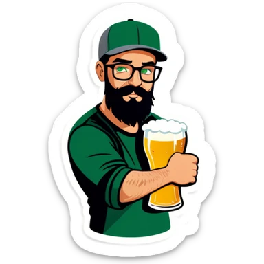 A bold man with a grey baseball cap, green eyes, big beard and glasses, drinking beer sticker