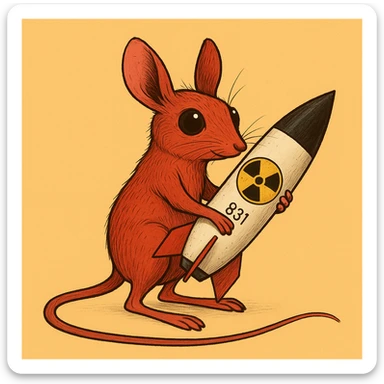 Сгенерируй красного тушканчика с ядерной бомбой в руках как на изображении. У тушканчика длинный хвост. На однородном фоне sticker