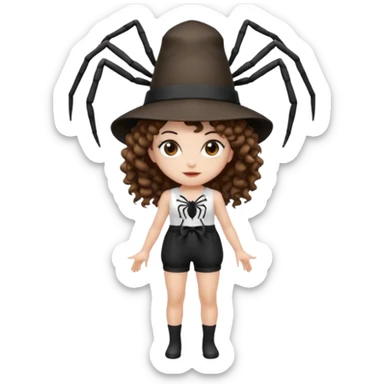 full body woman short curly brown mullet hair brown eyes white skin wearing spider hat and silk ribbon outfit sticker