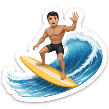 Dark haired, tan, muscular 50 year old man riding a big wave sticker