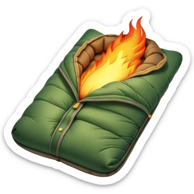 Cinematic Realistic Sleeping Bag, plush and slightly wrinkled, rich fabric texture catching the firelight, glowing with warmth and inviting coziness, nestled within a peaceful campsite. sticker