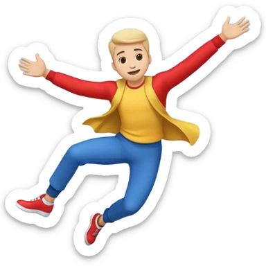 A cartoon-style emoji of a man flying backwards, leaning backward as if levitating from music, arms spread, energetic and joyful, simple bold lines, bright colors, minimal background, perfect for social media emoji, high contrast, small icon size sticker