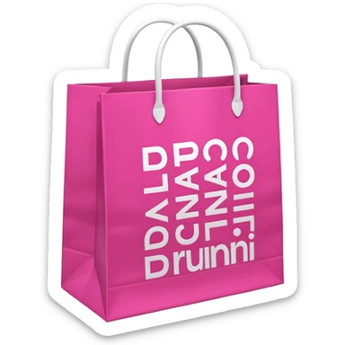 Fuchsia pink paper bag with white handles, repeating 'DRUNI' pattern in light pink and a large vertical 'DRUNI' in bold white letters in the center, iOS emoji style, shiny and realistic. sticker