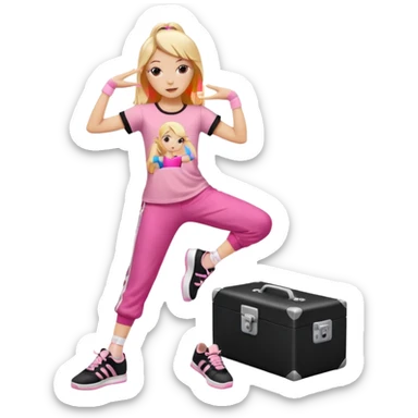 Hiphop dancer, with cute big pants, sneakers, and t-shirt. White girl blond. Coloufull shirt. No pocket pants. Dancing. Pink and black plain outfit. No sweatbands on the wrist, black music box behind her. Ballerina pose sticker