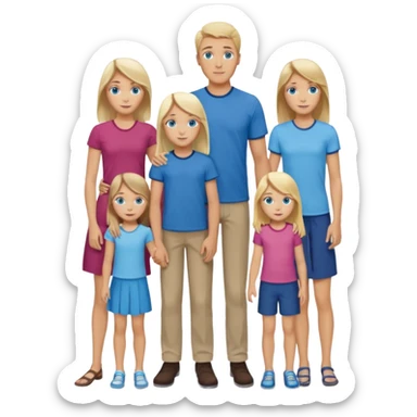 Familie: alle blauäugig, lang und schlank, Vater, Mutter( blond), zwei Mädchen( , 18-jährige hat braune Haare, 13 jährige hat blondes Haar), 2 Jungs( 9 und 6, der 9 Jährige hat dunkelblondes/braunes Haar, große blaue Augen, der 6 jährige ist hellblond und ziemlich frech).  sticker