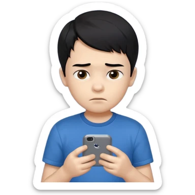 un niño de entre 3 - 10 años jugando con su celular, cansado en una habitacion apagada, el niño tiene piel blanca y cabello negro (hombre)

 sticker