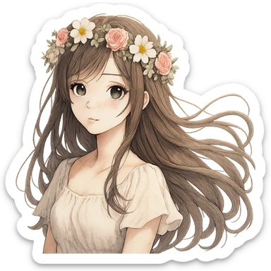 realistic anime style girl with long flowing hair and a flower crown sticker