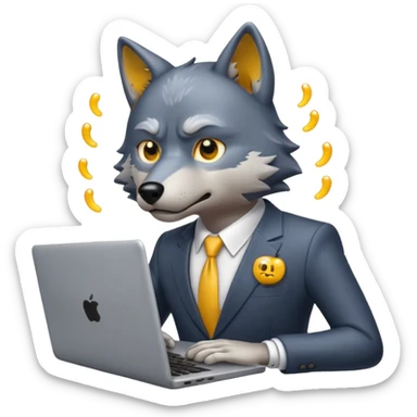 wolf in a suit sweating while looking at a laptop, emoji style sticker