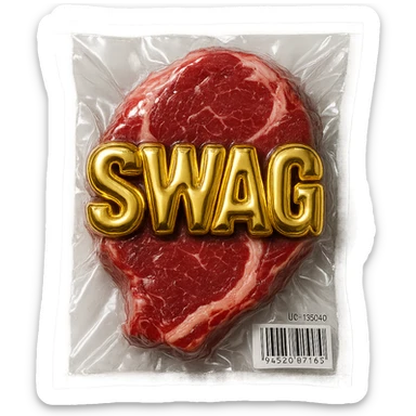 steak with gold block letters 'SWAG', shiny and inflated, vacuum-sealed style sticker