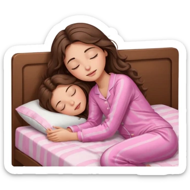 Brunette girl with long wavy brown hair with brown eyes and sleeping on a withe bed with cute pink pjs (just one whirl) and with closed eyes sticker