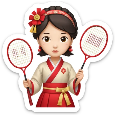 ancient gongsam girl with 1 badminton racket, red sticker