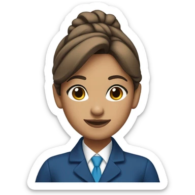 Brown tan skin flight attendant, brown hair in a bun, blue uniform, blue scarf sticker