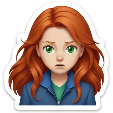Redhead girl with long hair, green eyes, blue jacket, upset expression sticker