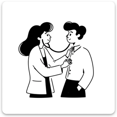 Female doctor in medical attire performing thorough examination of male patient's upper body, checking heart and lungs with stethoscope sticker