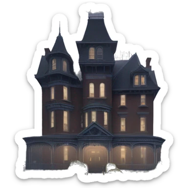 Fantastic Wide full view, A very roomy ramshackle Victorian Addams’s mansion looms through light fog at midnight  sticker