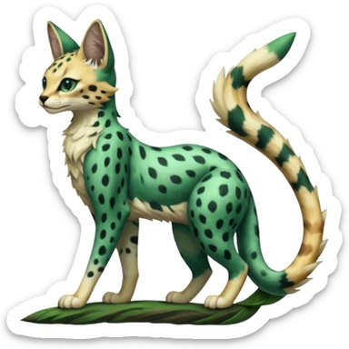 Epic complex detailed dark-emerald-green dark-brown beige pastel realistic aesthetic-scenic-Fakémon-Sprigatito-Floragato-Meowscarada-Trico-Sergal-Serval-Vernid-creature (full body) sticker