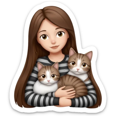 pretty girl with long brown hair snuggling 3 cats: grey and white, brown striped and black and white sticker