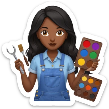 Créame emoji de una mujer que sea diseñadora industrial, pelo negra, piel morena, femenina con overol y una paleta de colores o herramientas de taller piel oscura chocolate cabello largo  sticker