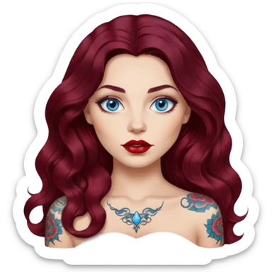  Female long wavy dark burgundy hair, blue eyes, large red lips, tattooed, artist sticker