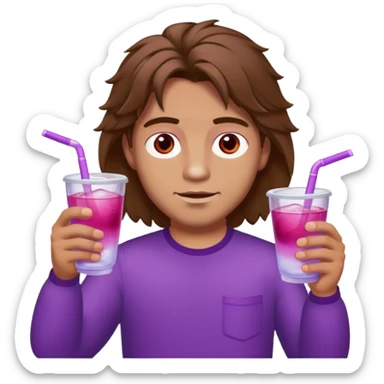 Man with fluffy mid long brown hair have in his hands double cup with pink-purple water with ice, man’s eyes are red , and his eyes has hazel colour  sticker