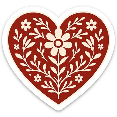 Add a white outline around the motif so it stands out against the red heart. Keep the motif simple and bold, maintain the red color and the border around the heart. The style should be Slavic folk art. Transparent background. sticker