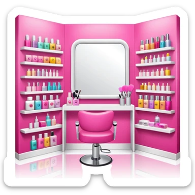 big beauty salon showcase with well-organized brand-labeled beauty products on a white shelves, emoji style, with a nearby hairstylist chair in pink color and a big mirror, more details sticker