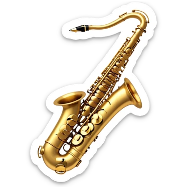 Create a sleek and sophisticated emoji representing the Selmer Super Action 80 Series II saxophone. The design should feature the smooth, golden brass body of the saxophone with its shiny keys and beautiful curves. Highlight the iconic bell of the saxophone and the fine details of the keywork, including the pads and springs. Include the mouthpiece at the top with a reed visible, capturing its essential role in sound production. Use rich gold and brass tones for the instrument with subtle light reflections to enhance its professional appearance. Add musical notes floating around the saxophone to evoke its smooth, jazzy sound. The background should be transparent. sticker
