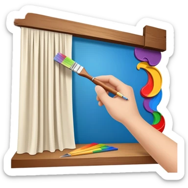 Hand holding a paintbrush over a 3D room model, with a wooden beam, theater curtain, ruler, and color palette swirling in a creative orbit sticker