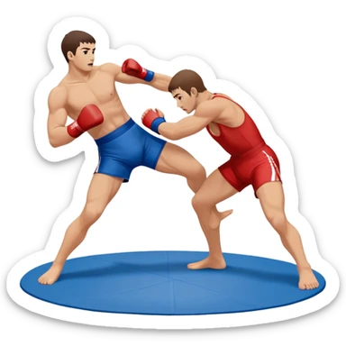 Two sambo fighters in blue and red gis with shorts, executing grappling and throwing techniques. The athletes are engaged in a dynamic hold or throw, showcasing the strength and skill of the sport. The background features a wrestling mat. Transparent background  sticker