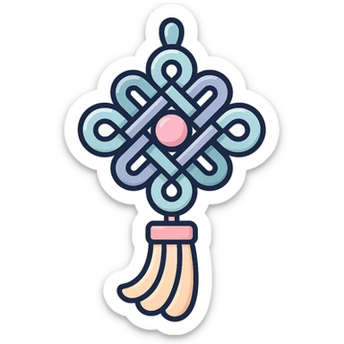 Chinese happiness knot with tassel, icon-color-outlined style, detailed shadows and highlights, thin clean contours, soft rounded shapes, pastel palette #98B5BC, #B5B3C1, #C9A3C9, #E4C0CA, #F7DCD1, #F7C0AA, modern Japanese pop art and sticker aesthetics, high detail, vector sharpness, soft lighting, transparent background sticker