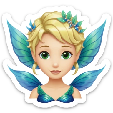 Blonde Mermaid with fairy wings and pixie haircut with blue greentail sticker